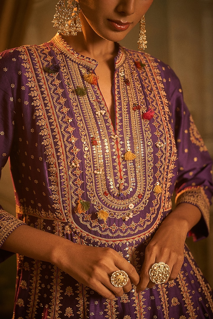 Purple Vegan Silk Embellished Kalidar Wedding Anarkali Set by SHRADDHA RAMBHIA at Pernia's Pop Up Shop