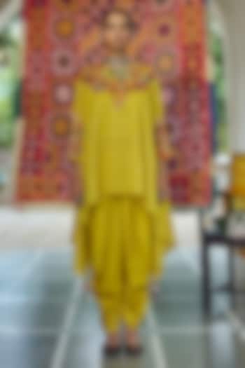 Mustard Katan Silk Resham Embroidered Dhoti Set by SHRADDHA RAMBHIA at Pernia's Pop Up Shop