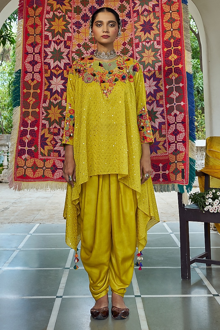 Mustard Katan Silk Resham Embroidered Dhoti Set by SHRADDHA RAMBHIA at Pernia's Pop Up Shop