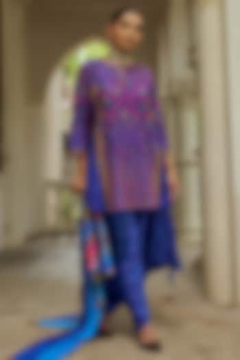 Blue Slub Silk Resham Embroidered Dhoti Set by SHRADDHA RAMBHIA at Pernia's Pop Up Shop