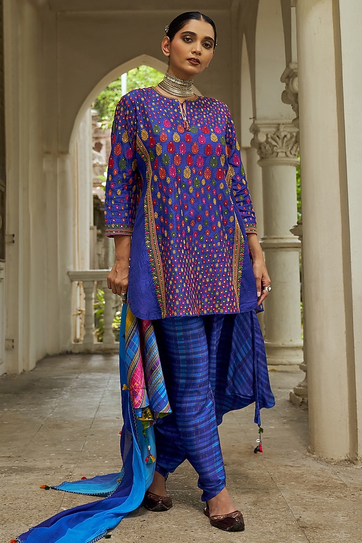 Blue Slub Silk Resham Embroidered Dhoti Set by SHRADDHA RAMBHIA at Pernia's Pop Up Shop