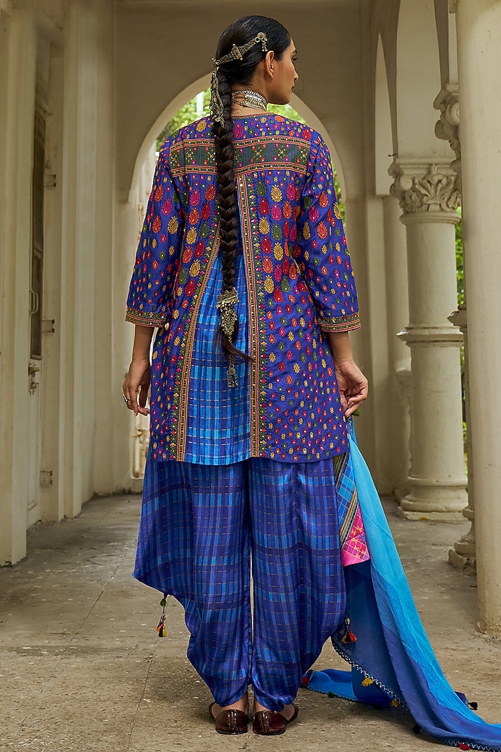 Blue Slub Silk Resham Embroidered Dhoti Set by SHRADDHA RAMBHIA at Pernia's Pop Up Shop
