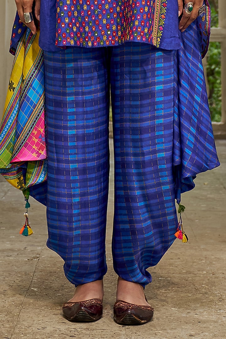 Blue Slub Silk Resham Embroidered Dhoti Set by SHRADDHA RAMBHIA at Pernia's Pop Up Shop