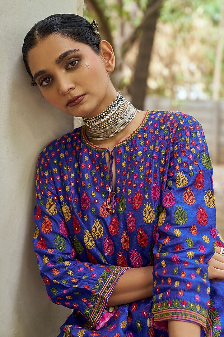 Blue Slub Silk Resham Embroidered Dhoti Set by SHRADDHA RAMBHIA at Pernia's Pop Up Shop