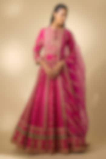 Rani Pink Vegan Silk Hand Embellished Wedding Lehenga Set by SHRADDHA RAMBHIA at Pernia's Pop Up Shop