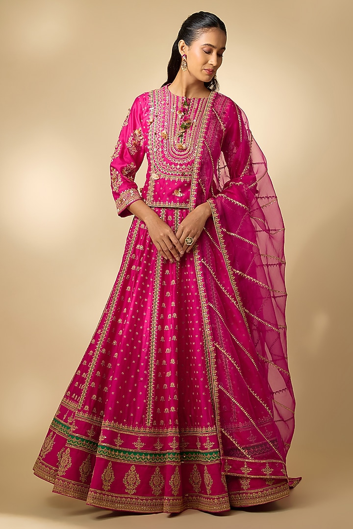 Rani Pink Vegan Silk Hand Embellished Wedding Lehenga Set by SHRADDHA RAMBHIA at Pernia's Pop Up Shop
