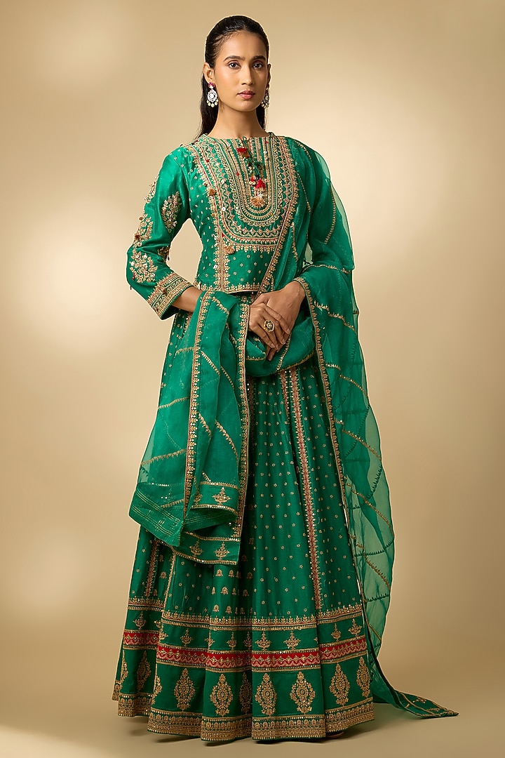 Bottle Green Vegan Silk Hand Embellished Wedding Lehenga Set by SHRADDHA RAMBHIA at Pernia's Pop Up Shop