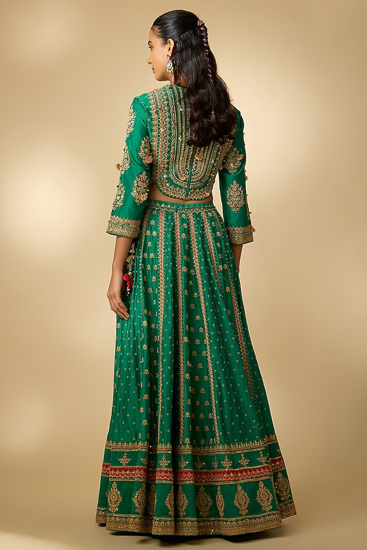 Bottle Green Vegan Silk Hand Embellished Wedding Lehenga Set by SHRADDHA RAMBHIA at Pernia's Pop Up Shop