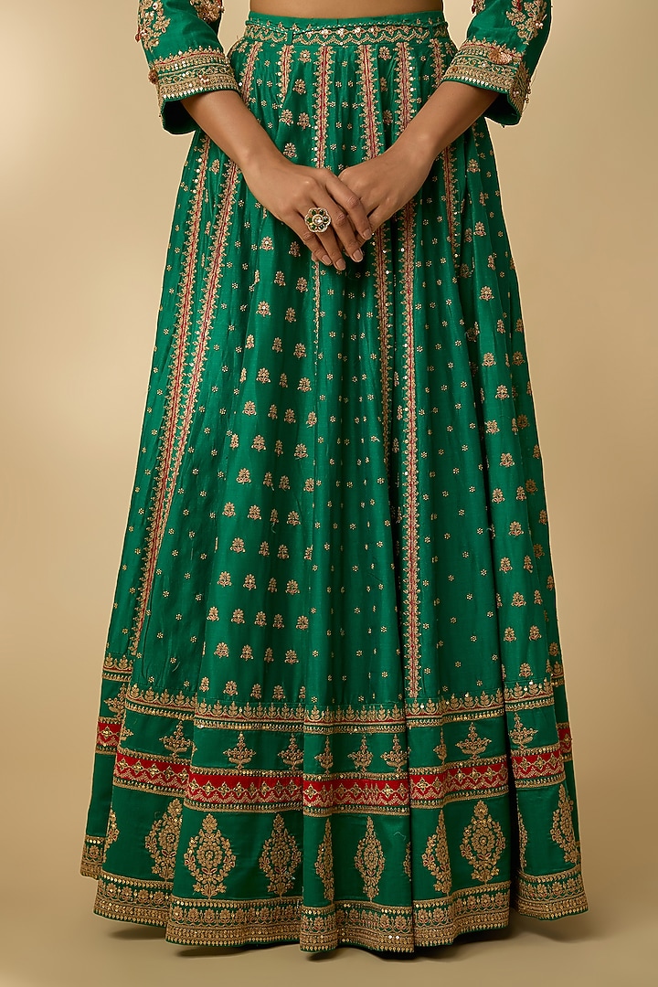 Bottle Green Vegan Silk Hand Embellished Wedding Lehenga Set by SHRADDHA RAMBHIA at Pernia's Pop Up Shop