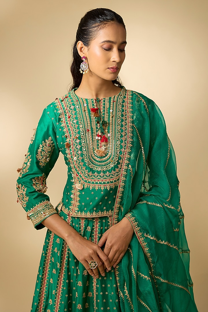 Bottle Green Vegan Silk Hand Embellished Wedding Lehenga Set by SHRADDHA RAMBHIA at Pernia's Pop Up Shop