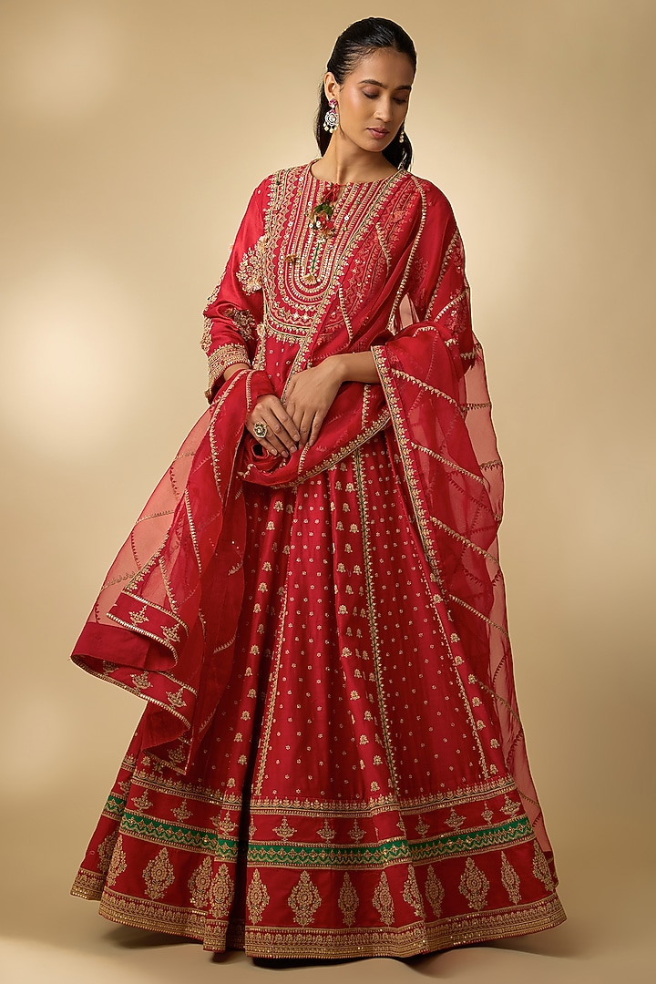 Red Vegan Silk Hand Embellished Wedding Lehenga Set by SHRADDHA RAMBHIA at Pernia's Pop Up Shop