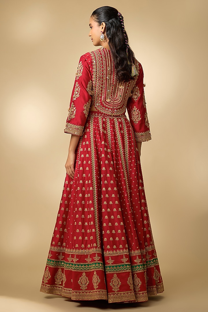 Red Vegan Silk Hand Embellished Wedding Lehenga Set by SHRADDHA RAMBHIA at Pernia's Pop Up Shop