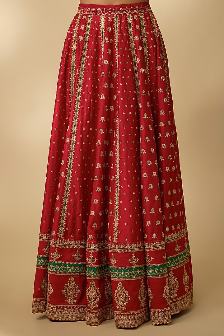 Red Vegan Silk Hand Embellished Wedding Lehenga Set by SHRADDHA RAMBHIA at Pernia's Pop Up Shop