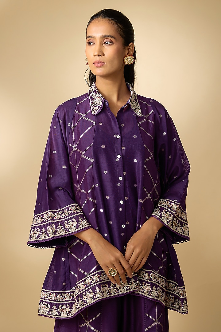 Purple Chanderi Dori Embroidered Co-Ord Set by SHRADDHA RAMBHIA at Pernia's Pop Up Shop