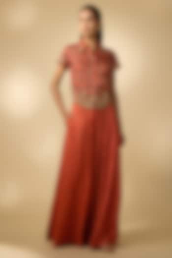 Orange Vegan Gajji Silk Printed Palazzo Set by SHRADDHA RAMBHIA at Pernia's Pop Up Shop