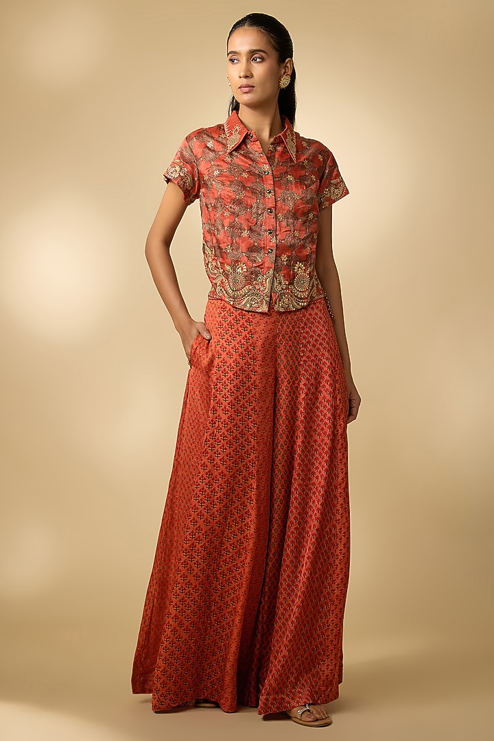 Orange Vegan Gajji Silk Printed Palazzo Set by SHRADDHA RAMBHIA at Pernia's Pop Up Shop