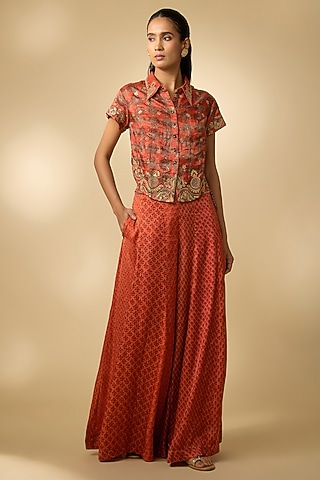 Orange Vegan Gajji Silk Printed Palazzo Set by SHRADDHA RAMBHIA