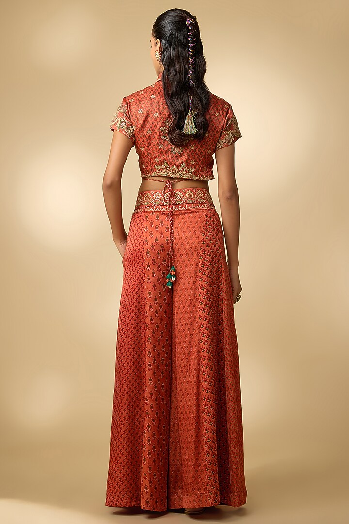 Orange Vegan Gajji Silk Printed Palazzo Set by SHRADDHA RAMBHIA at Pernia's Pop Up Shop