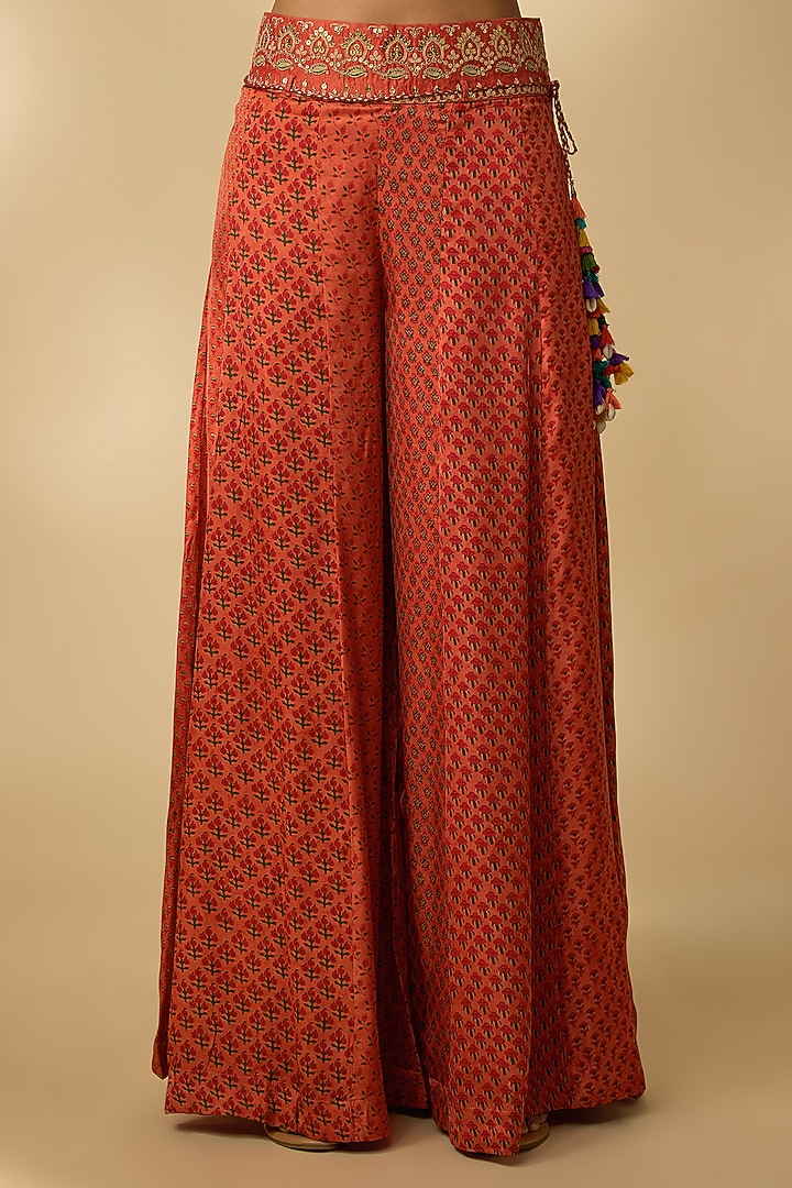 Orange Vegan Gajji Silk Printed Palazzo Set by SHRADDHA RAMBHIA at Pernia's Pop Up Shop