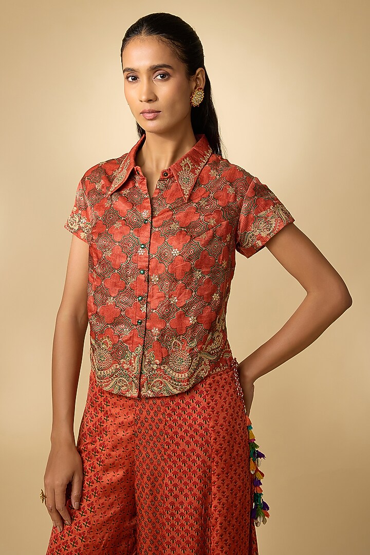Orange Vegan Gajji Silk Printed Palazzo Set by SHRADDHA RAMBHIA at Pernia's Pop Up Shop
