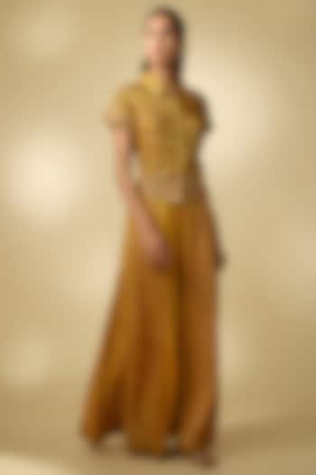 Yellow Vegan Gajji Silk Printed Palazzo Set by SHRADDHA RAMBHIA at Pernia's Pop Up Shop