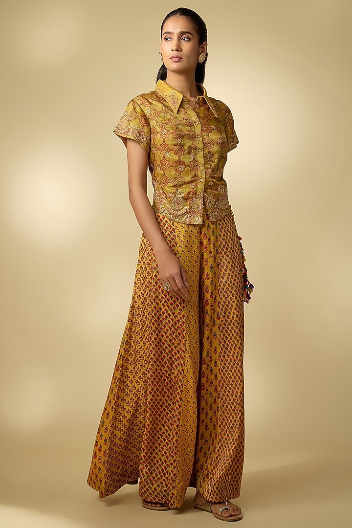 Yellow Vegan Gajji Silk Printed Palazzo Set by SHRADDHA RAMBHIA at Pernia's Pop Up Shop
