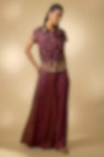 Purple Vegan Gajji Silk Printed Palazzo Set by SHRADDHA RAMBHIA at Pernia's Pop Up Shop