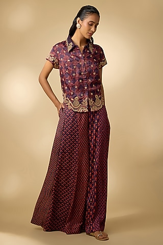 Purple Vegan Gajji Silk Printed Palazzo Set by SHRADDHA RAMBHIA