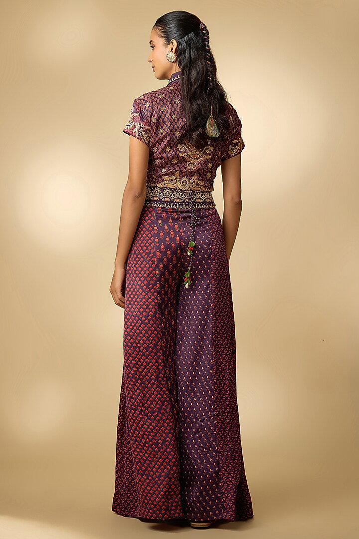 Purple Vegan Gajji Silk Printed Palazzo Set by SHRADDHA RAMBHIA at Pernia's Pop Up Shop