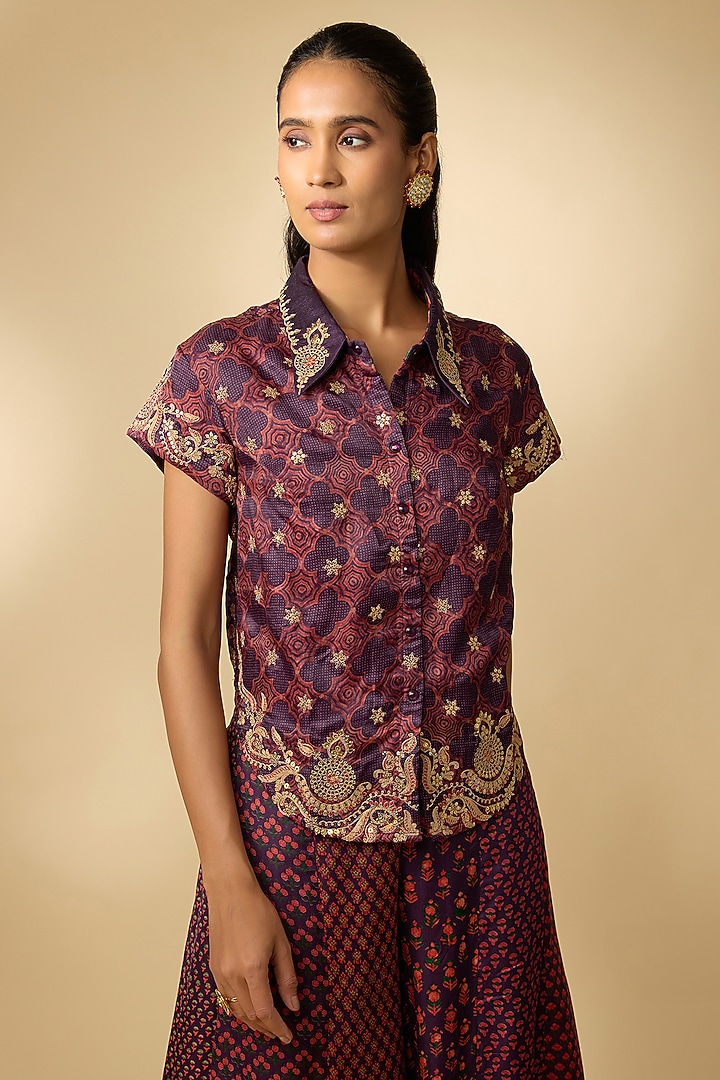 Purple Vegan Gajji Silk Printed Palazzo Set by SHRADDHA RAMBHIA at Pernia's Pop Up Shop