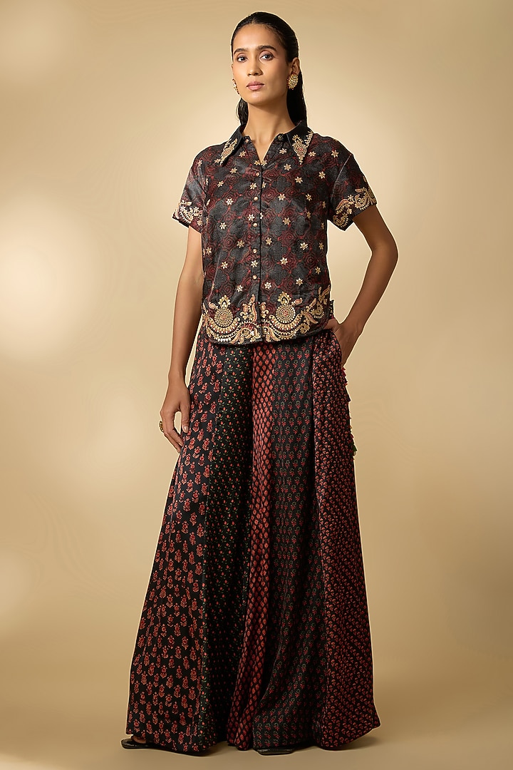 Black Vegan Gajji Silk Printed Palazzo Set by SHRADDHA RAMBHIA at Pernia's Pop Up Shop