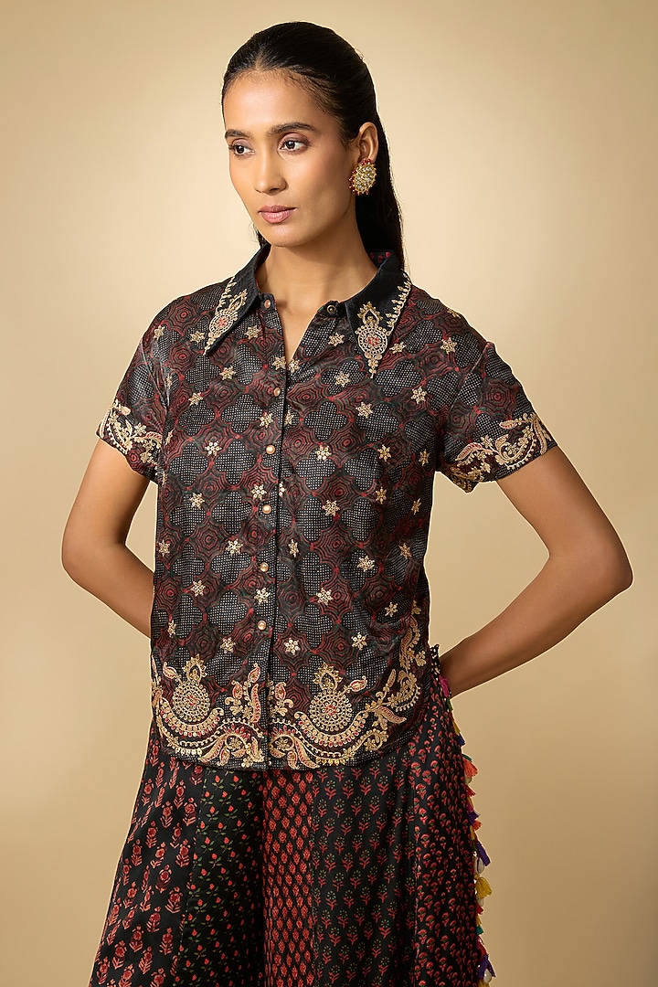 Black Vegan Gajji Silk Printed Palazzo Set by SHRADDHA RAMBHIA at Pernia's Pop Up Shop