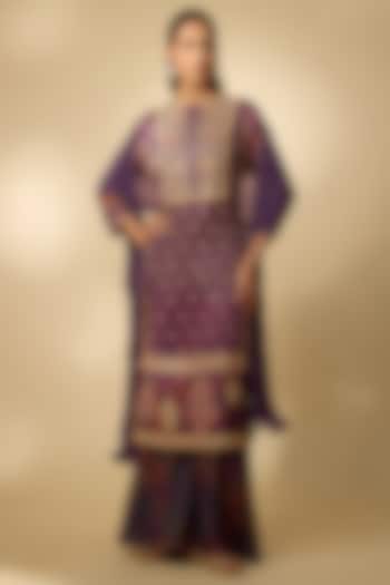 Purple Gajji Silk Printed & Embellished Kurta Set by SHRADDHA RAMBHIA at Pernia's Pop Up Shop