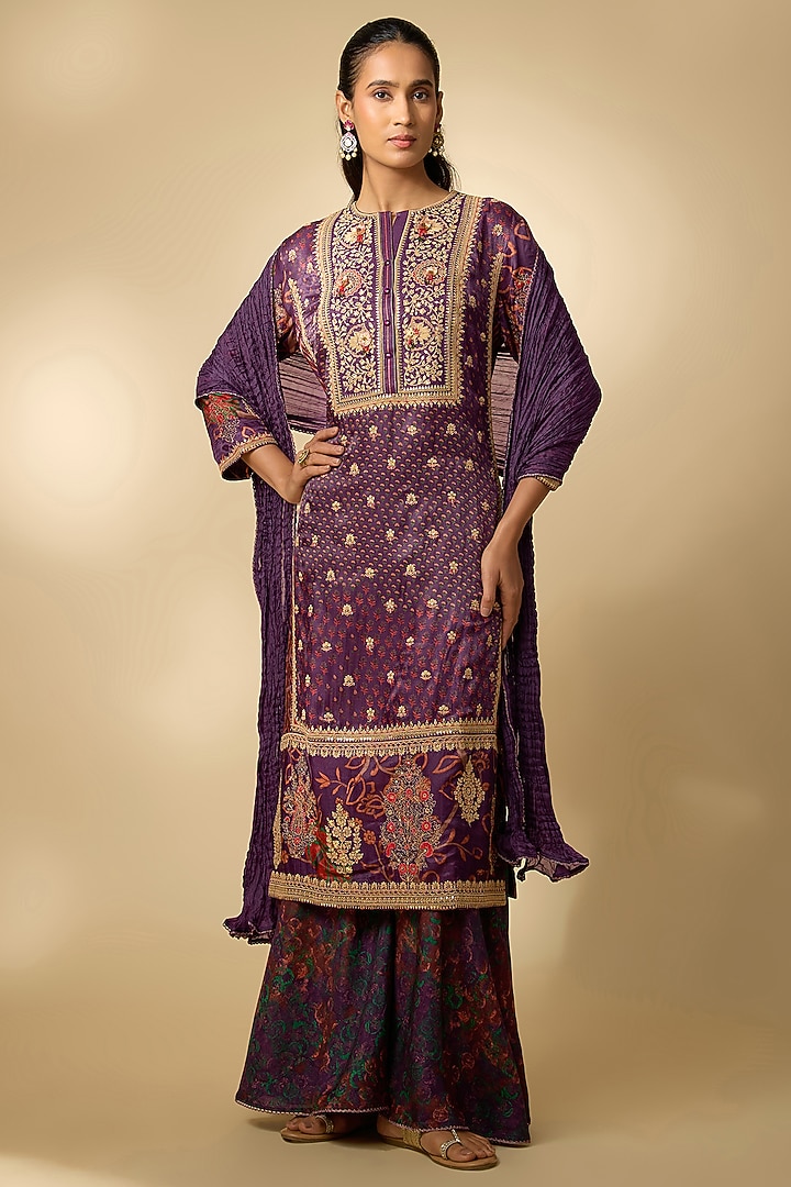 Purple Gajji Silk Printed & Embellished Kurta Set by SHRADDHA RAMBHIA at Pernia's Pop Up Shop