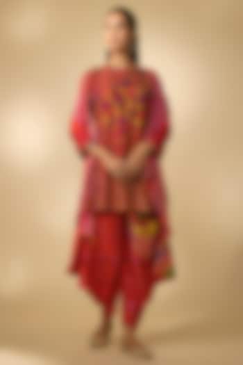 Red Slub Silk Printed Dhoti Set by SHRADDHA RAMBHIA at Pernia's Pop Up Shop