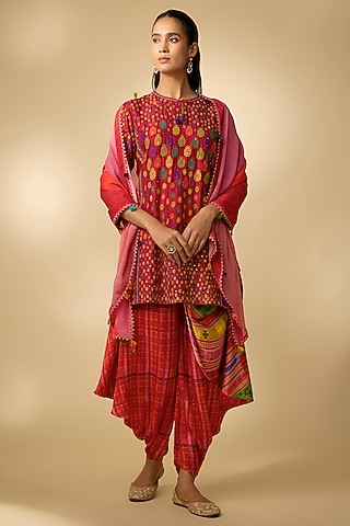 Red Slub Silk Printed Dhoti Set by SHRADDHA RAMBHIA