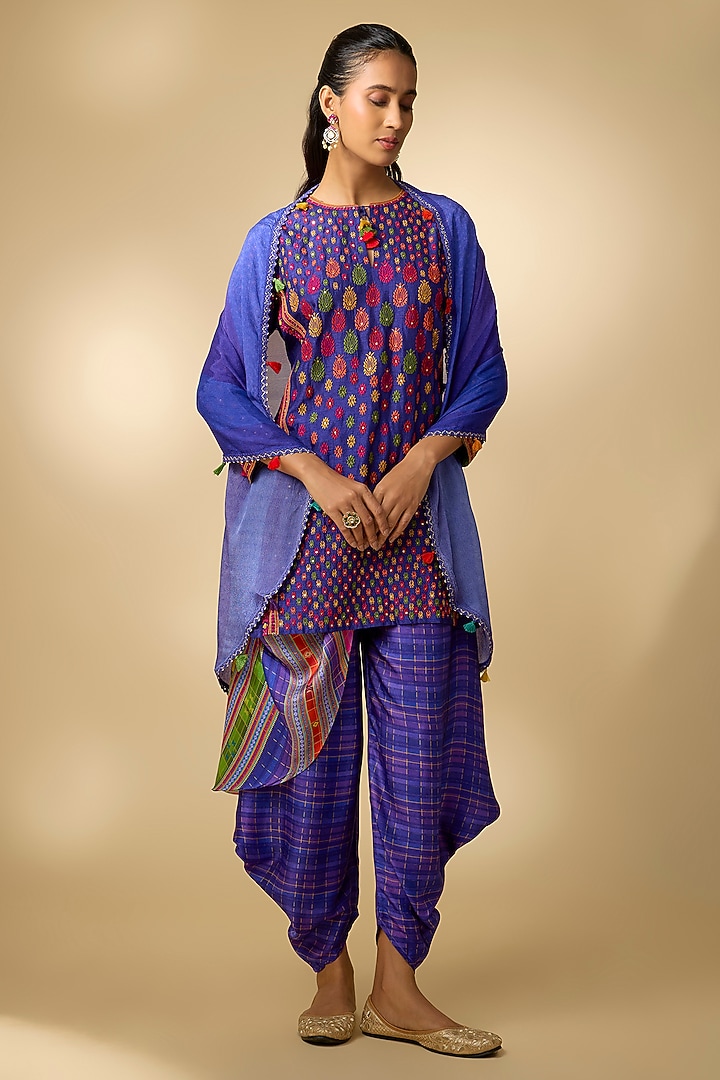 Purple Slub Silk Printed Dhoti Set by SHRADDHA RAMBHIA at Pernia's Pop Up Shop