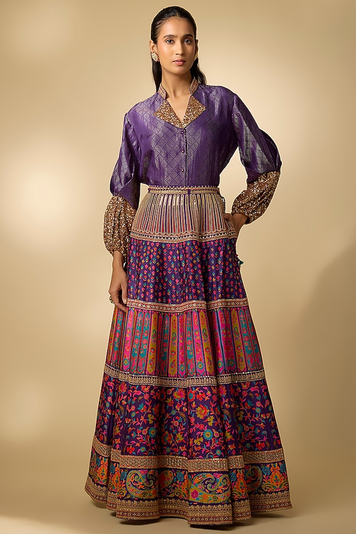 Purple Slub Printed & Embroidered Skirt Set by SHRADDHA RAMBHIA at Pernia's Pop Up Shop