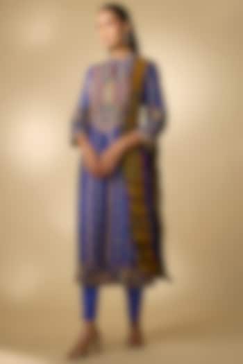 Blue Linen Silk Resham Embroidered Kurta Set by SHRADDHA RAMBHIA at Pernia's Pop Up Shop