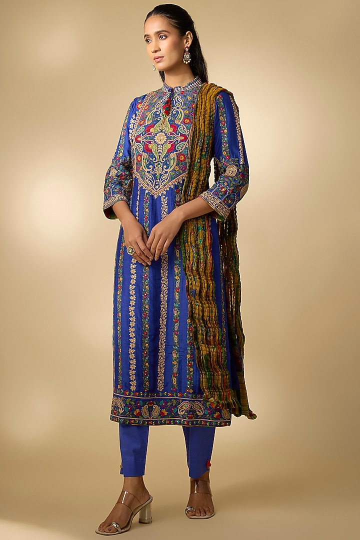 Blue Linen Silk Resham Embroidered Kurta Set by SHRADDHA RAMBHIA at Pernia's Pop Up Shop