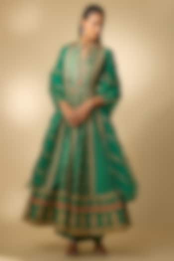 Bottle Green Vegan Silk Hand Embellished Wedding Anarkali Set by SHRADDHA RAMBHIA at Pernia's Pop Up Shop