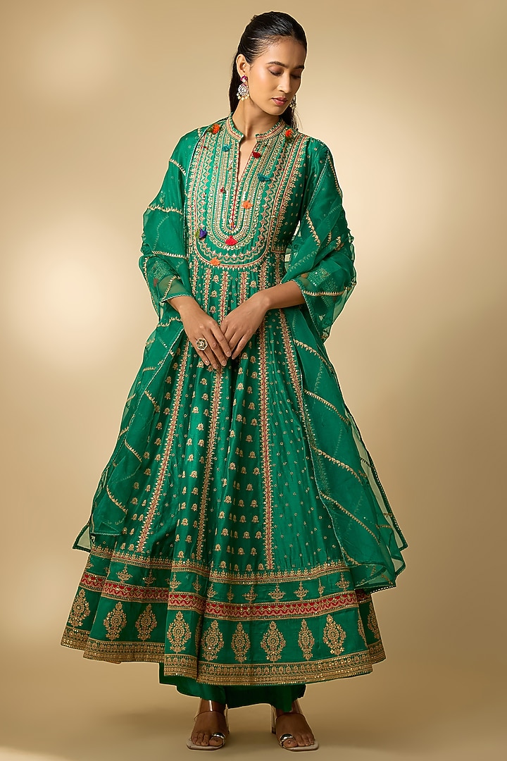 Bottle Green Vegan Silk Hand Embellished Wedding Anarkali Set by SHRADDHA RAMBHIA at Pernia's Pop Up Shop