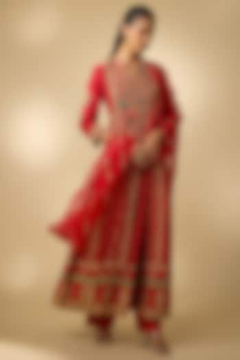 Red Vegan Silk Hand Embellished Wedding Anarkali Set by SHRADDHA RAMBHIA at Pernia's Pop Up Shop
