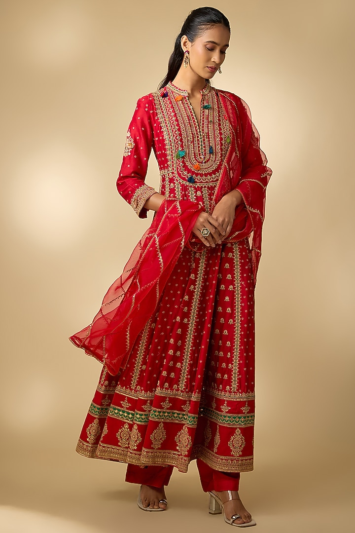 Red Vegan Silk Hand Embellished Wedding Anarkali Set by SHRADDHA RAMBHIA at Pernia's Pop Up Shop