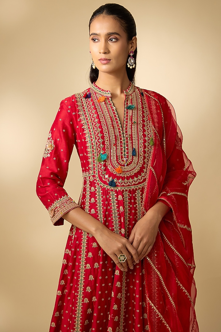 Red Vegan Silk Hand Embellished Wedding Anarkali Set by SHRADDHA RAMBHIA at Pernia's Pop Up Shop