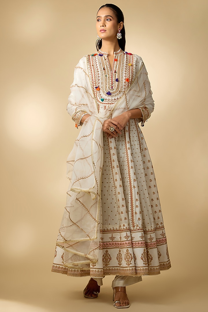 Ivory Vegan Silk Hand Embellished Wedding Anarkali Set by SHRADDHA RAMBHIA at Pernia's Pop Up Shop