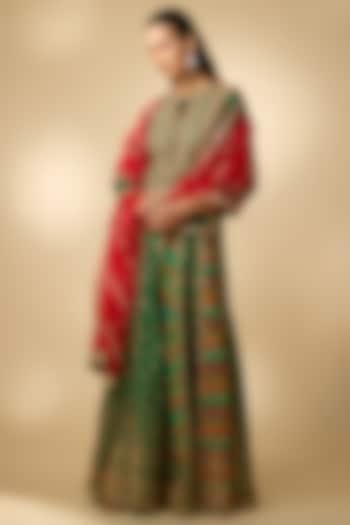 Bottle Green Slub Silk Patola Printed Flared Skirt Set by SHRADDHA RAMBHIA at Pernia's Pop Up Shop