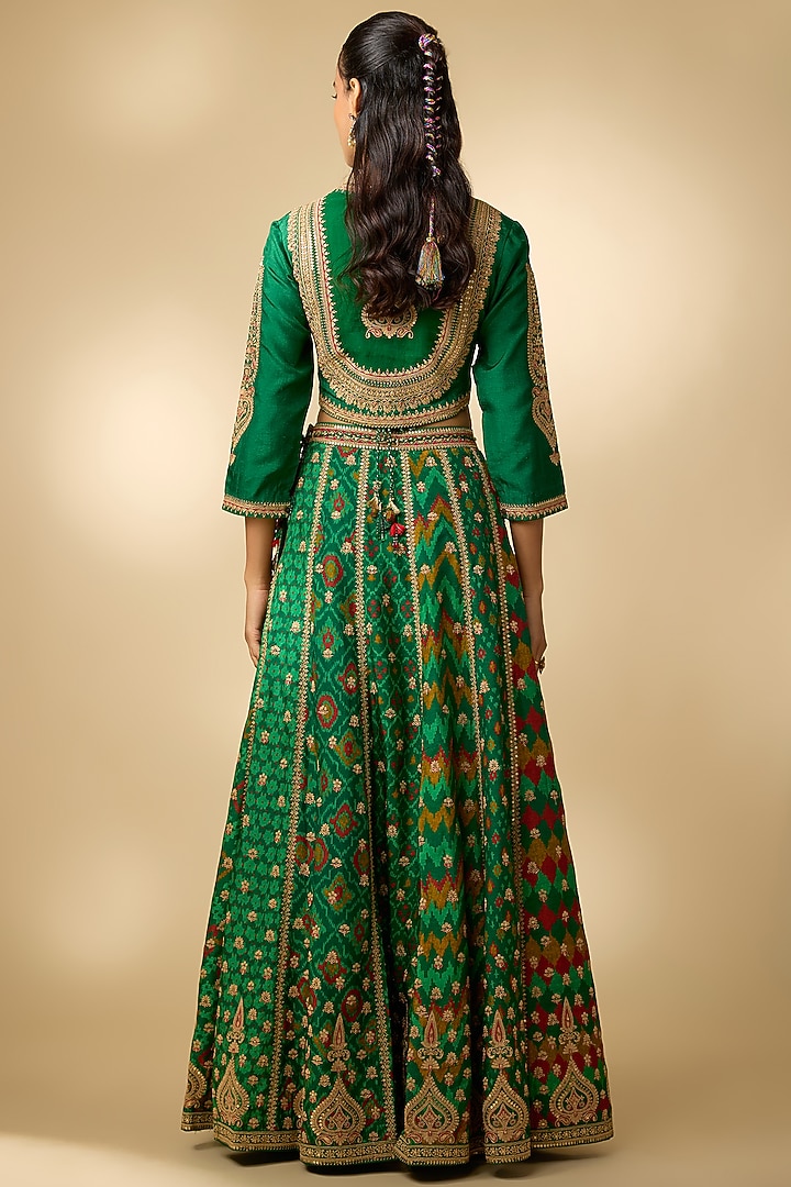 Bottle Green Slub Silk Patola Printed Flared Skirt Set by SHRADDHA RAMBHIA at Pernia's Pop Up Shop