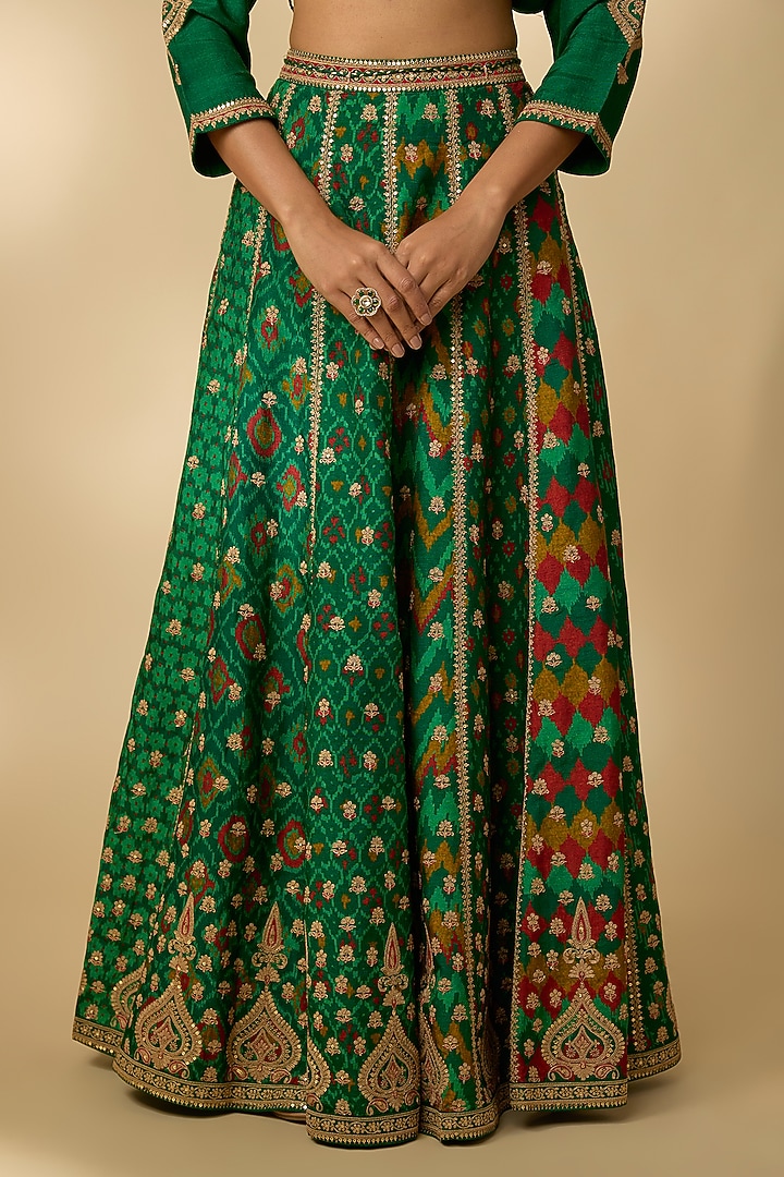Bottle Green Slub Silk Patola Printed Flared Skirt Set by SHRADDHA RAMBHIA at Pernia's Pop Up Shop