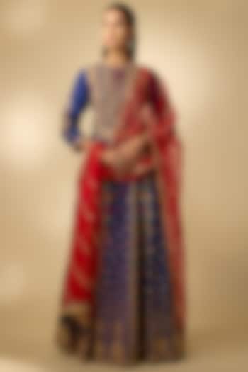 Blue Slub Silk Patola Printed Flared Skirt Set by SHRADDHA RAMBHIA at Pernia's Pop Up Shop